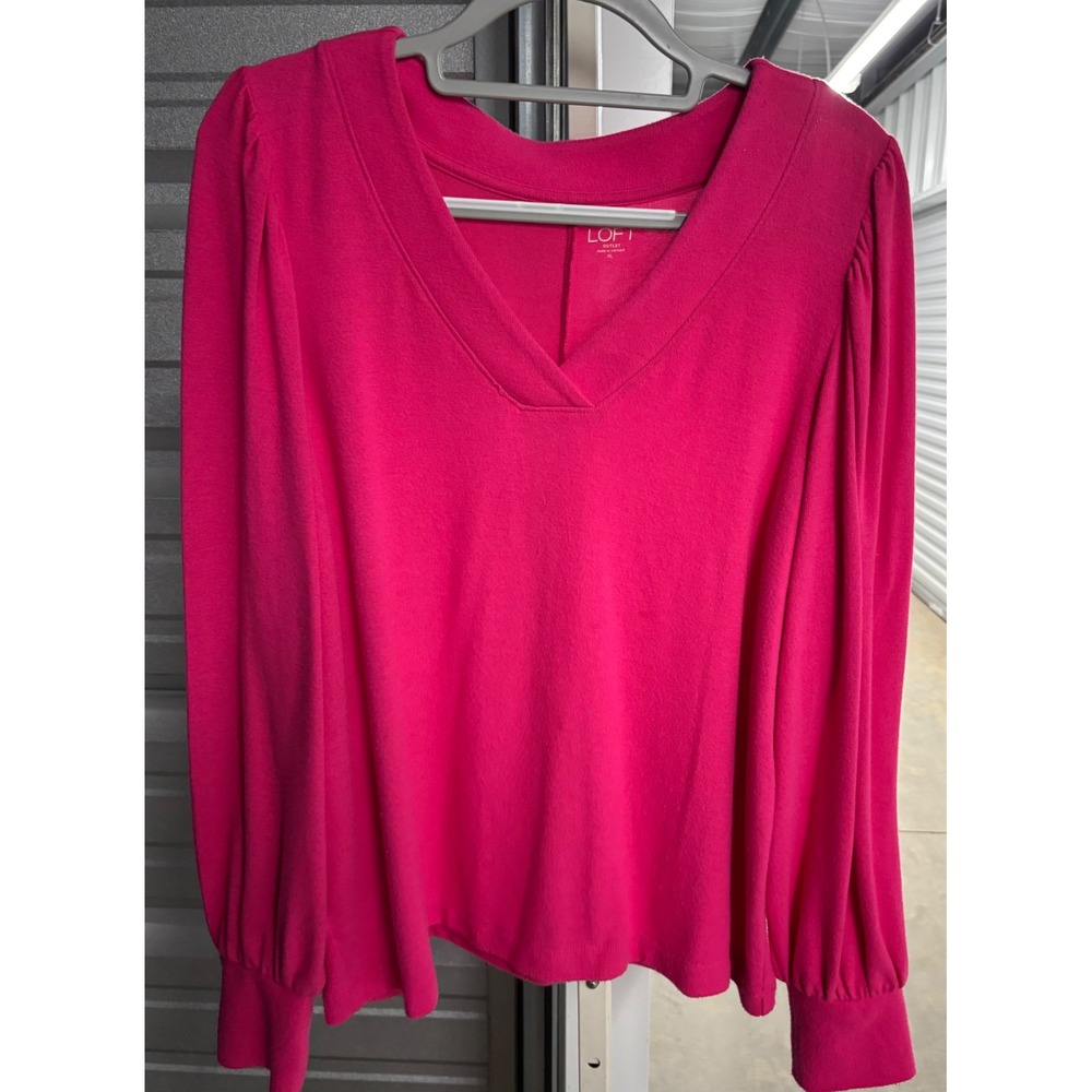 Loft Outlet Womens XL Pink V-Neck Puff Sleeve Knit Top Blouse Long Sleeve